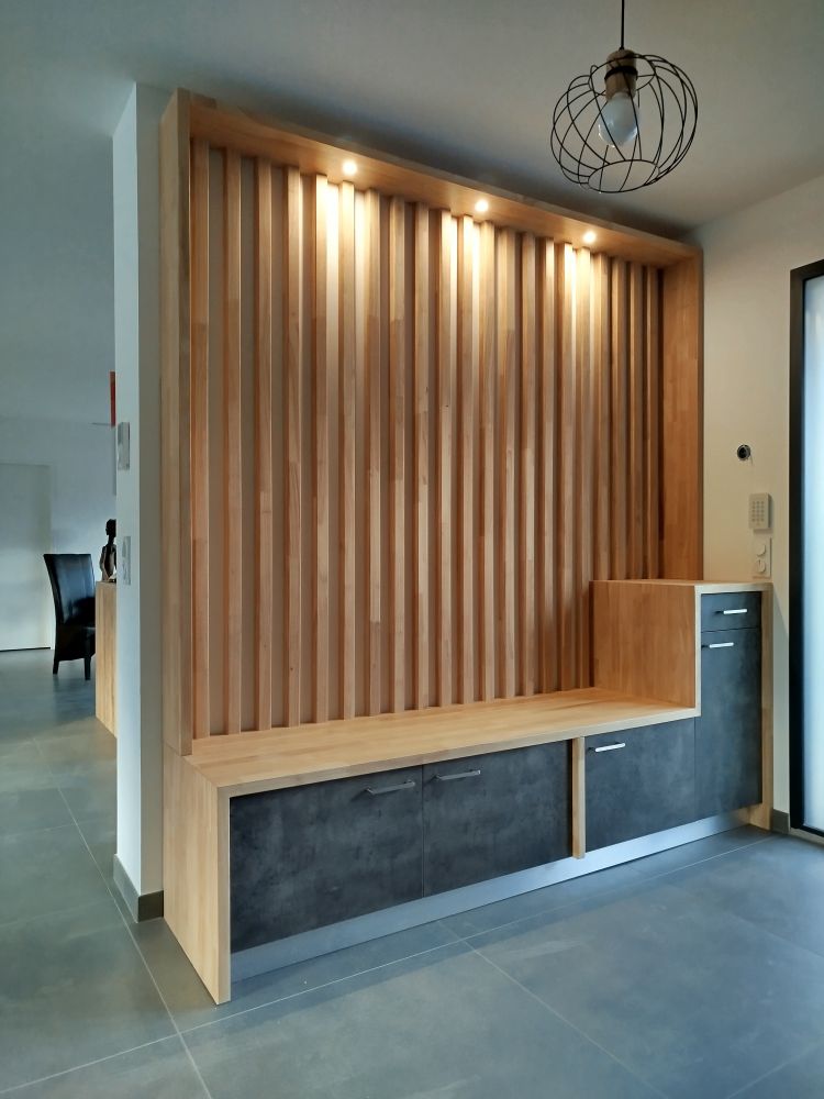 meuble d'entrée avec claustra et banc ebeniste perpignan 66